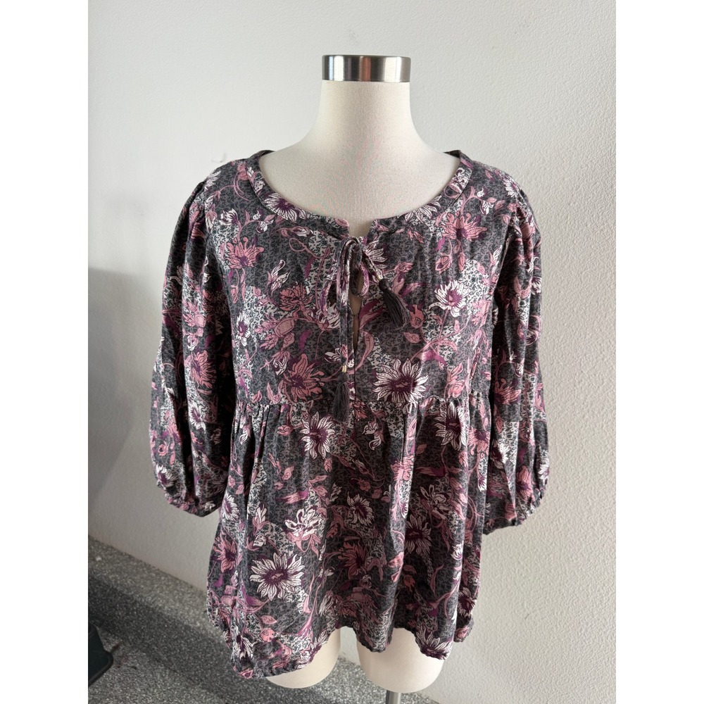 Lucky Brand Women XL Floral Babydoll Top Grey Purple Tassel Tie Blouse Boho